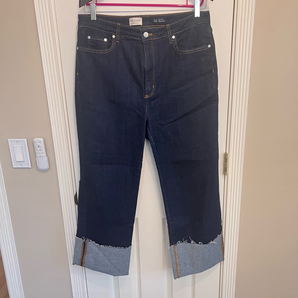 Anthropologie Women's Dark Blue Jeans with Cuffed Hem PILCRO 32